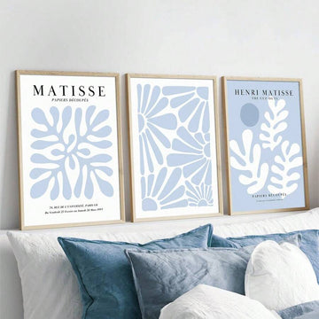 3Pcs Light Blue Matisse Cut-Out Abstract Leaf Boho Minimalist Exhibition Canvas Poster 