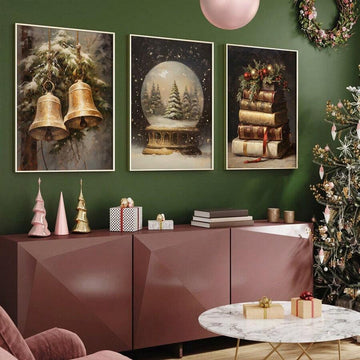 3Pcs Vintage Dark Moody Christmas Golden Bells Snow Globe & Stacked Books Canvas Poster