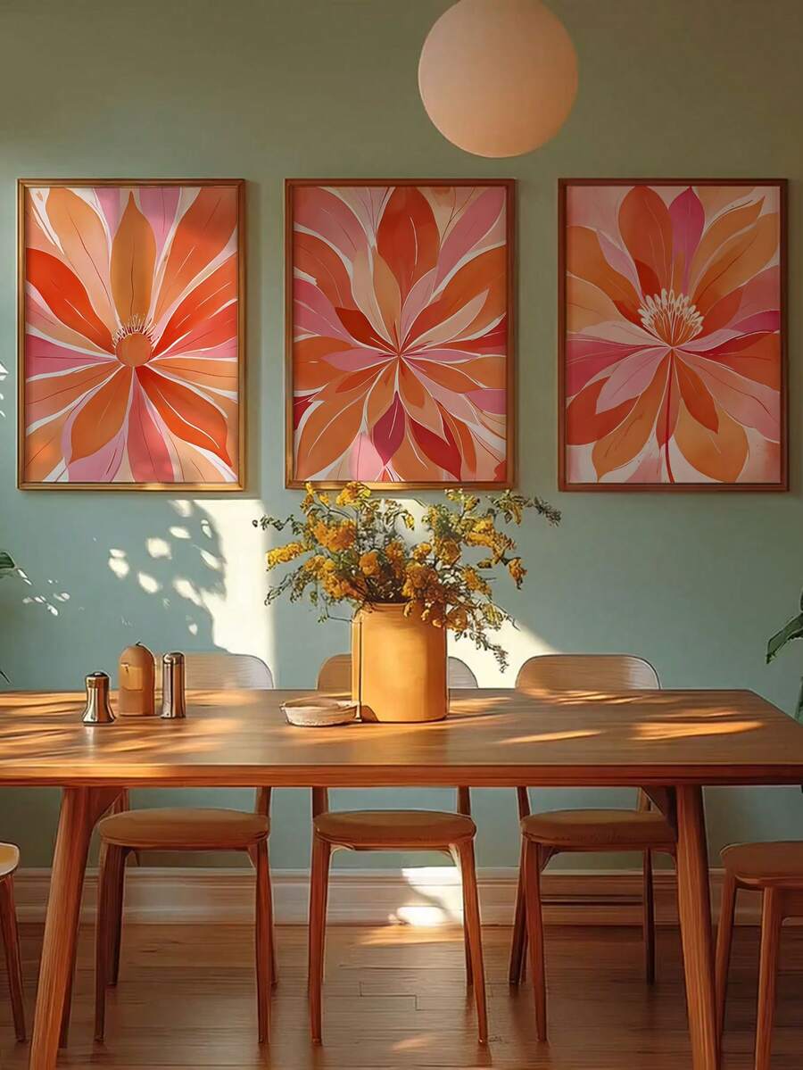 3 Piece Set Terracotta Pink Abstract Floral Bohemian Canvas Poster 