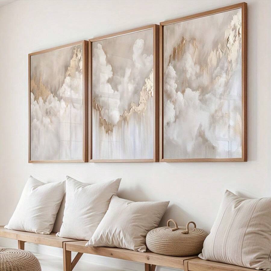 Three-piece neutral cloud canvas poster set in light wood frames