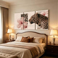 Three-piece blush hibiscus and leopard canvas art above bed