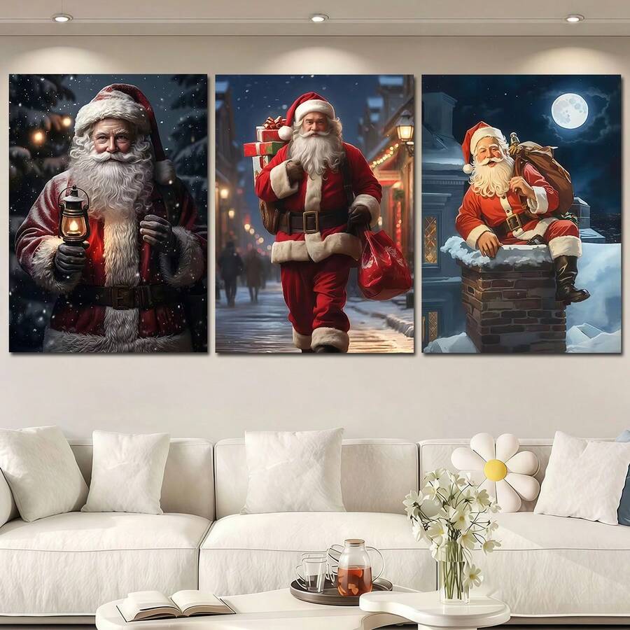 3pcs Classic Santa Claus Retro Night Snow Street & Chimney Canvas Poster Set