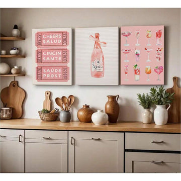 Three-piece pink watercolor cocktail canvas poster set in frames