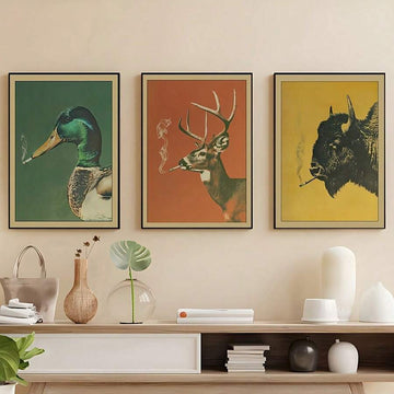 Featuring a quirky collection of a deer, cow, and wild duck with retro smoking-themed illustrations, this 3-piece Canvas poster set blends vintage humor with bold artistic character. Rich retro colors and expressive animal portraits create a unique conversation piece that adds personality and nostalgic charm to any space.