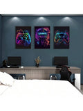 Three-piece neon gaming controller canvas poster set on dark wall
