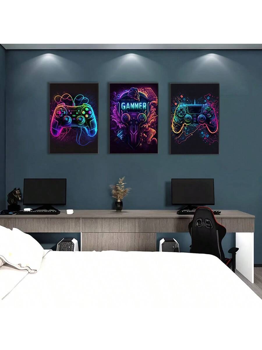 Three-piece neon gaming controller canvas poster set on dark wall
