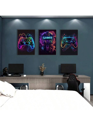 Three-piece neon gaming controller canvas poster set on dark wall