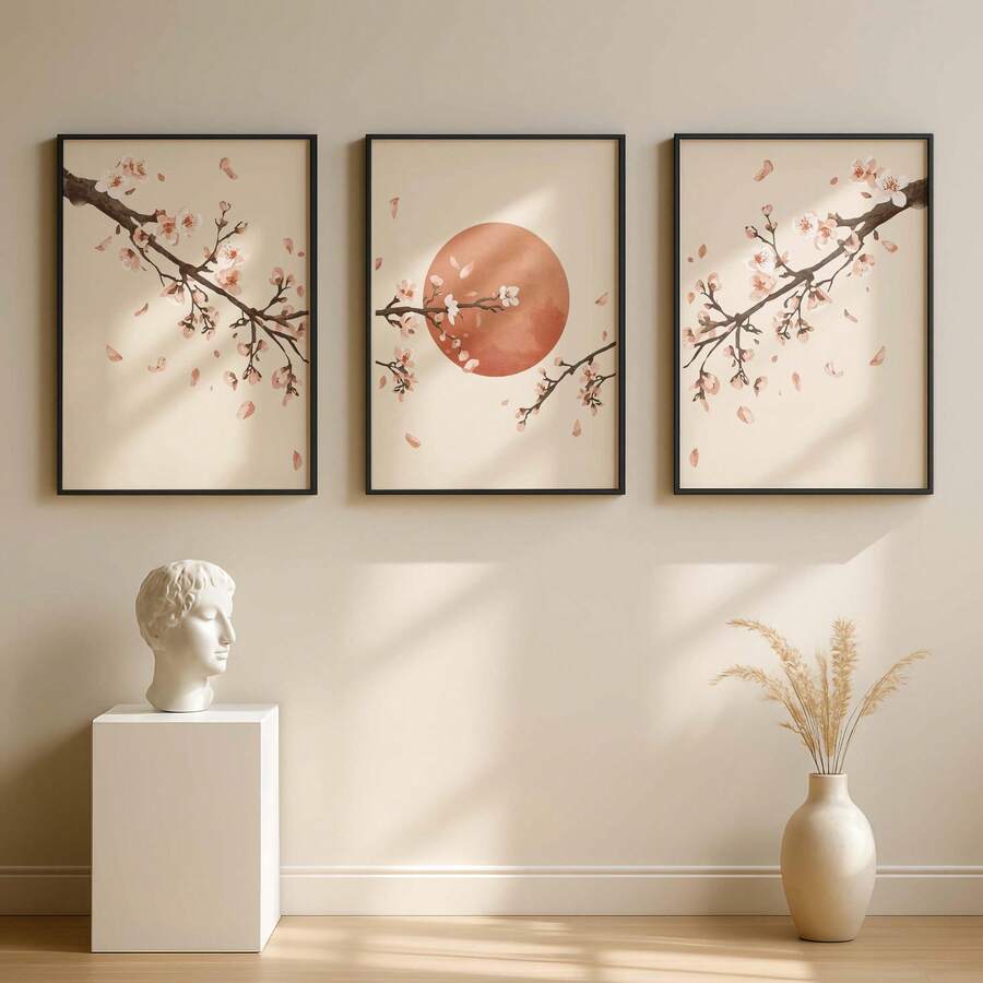 3pcs Japanese Cherry Blossom Watercolor Sakura Canvas Poster Set 