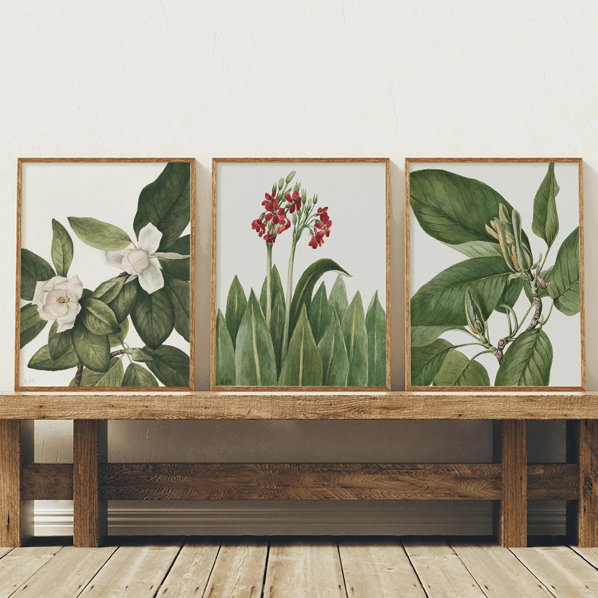 3pcs Modern Green Leaves and Flowers Canvas poster set with fresh botanical style. Perfect for bedrooms, living rooms, offices, Japandi, and natural decor.