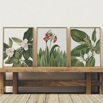 3pcs Modern Green Leaves and Flowers Canvas poster set with fresh botanical style. Perfect for bedrooms, living rooms, offices, Japandi, and natural decor.