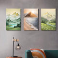 Three-piece landscape canvas set with mountain lake beach and alpine river valley