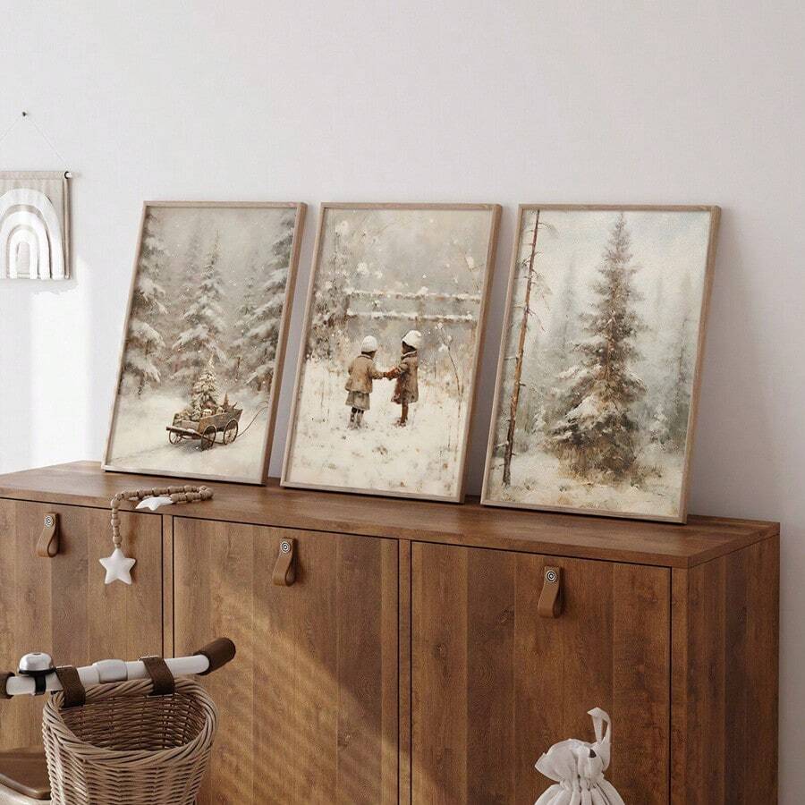 3pcs Neutral Winter Snowy Pine Cones & Kids Cottagecore Canvas Poster Set 