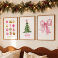 3pcs Pink Girly Christmas Tree, Bow & Ornaments Coquette Canvas Poster Set