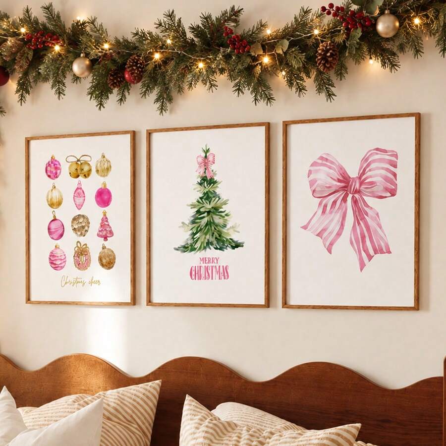 3pcs Pink Girly Christmas Tree, Bow & Ornaments Coquette Canvas Poster Set
