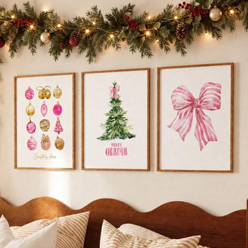 3pcs Pink Girly Christmas Tree, Bow & Ornaments Coquette Canvas Poster Set
