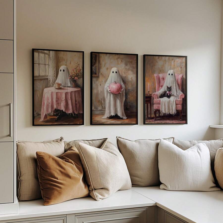 Three cozy ghost prints above neutral corner bench