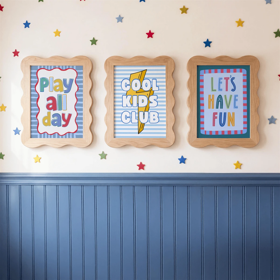 Three quote canvas posters reading Play All Day, Cool Kids Club, and Let’s Have Fun