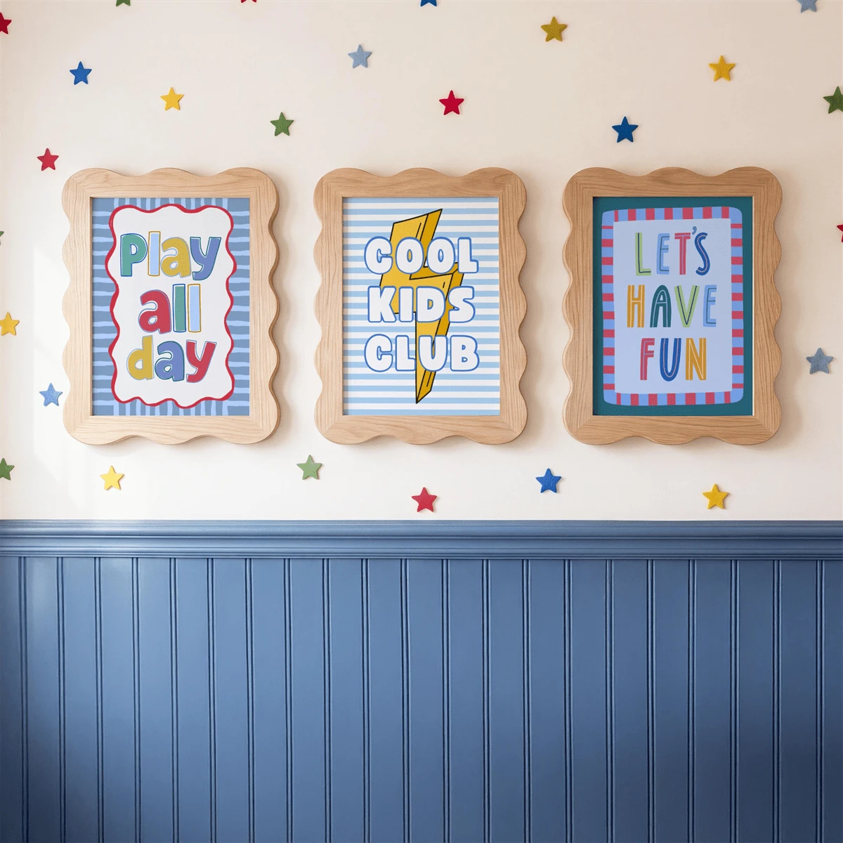 Three quote canvas posters reading Play All Day, Cool Kids Club, and Let’s Have Fun