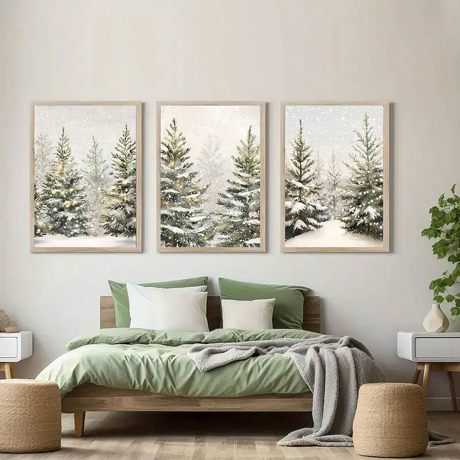 Three framed snowy pine landscape panels arranged above a sage green bed