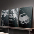 Three-panel vintage classic car canvas poster set above a dark modern console
