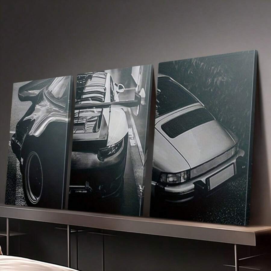 Three-panel vintage classic car canvas poster set above a dark modern console