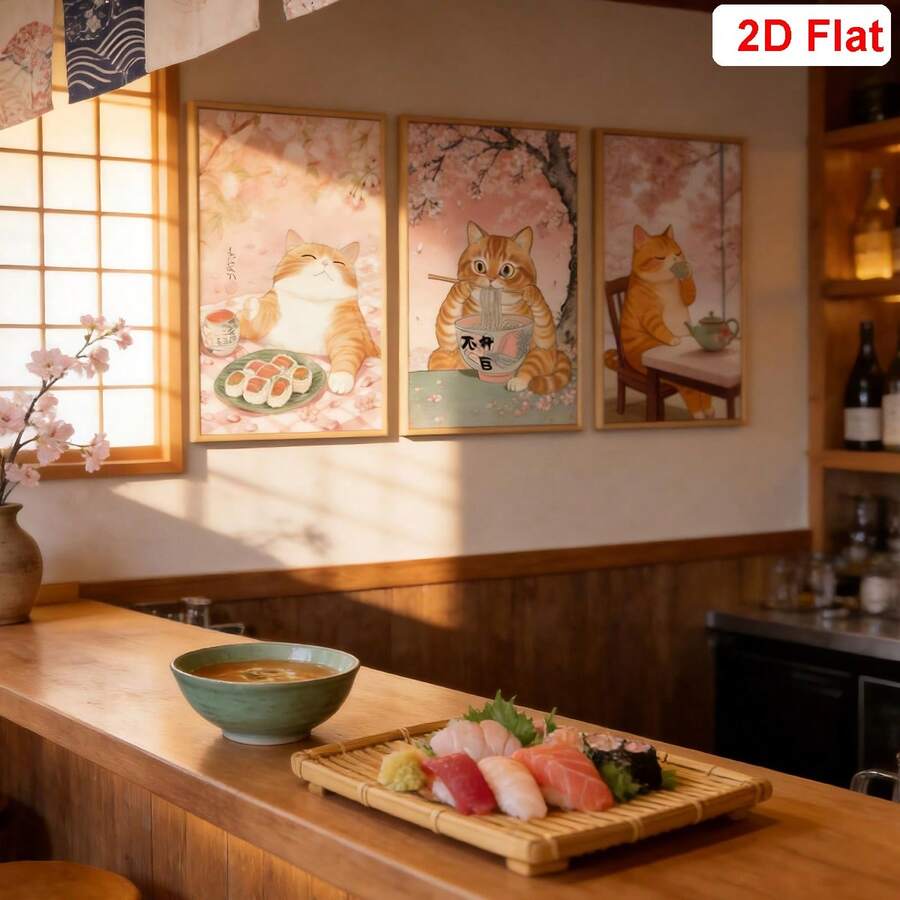 Three-piece Japanese orange cat sushi and tea canvas poster set