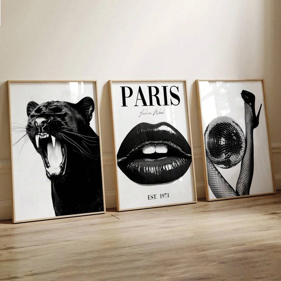 3pcs Vintage Leopard Print & Paris Fashion Vogue Style Canvas Poster Set