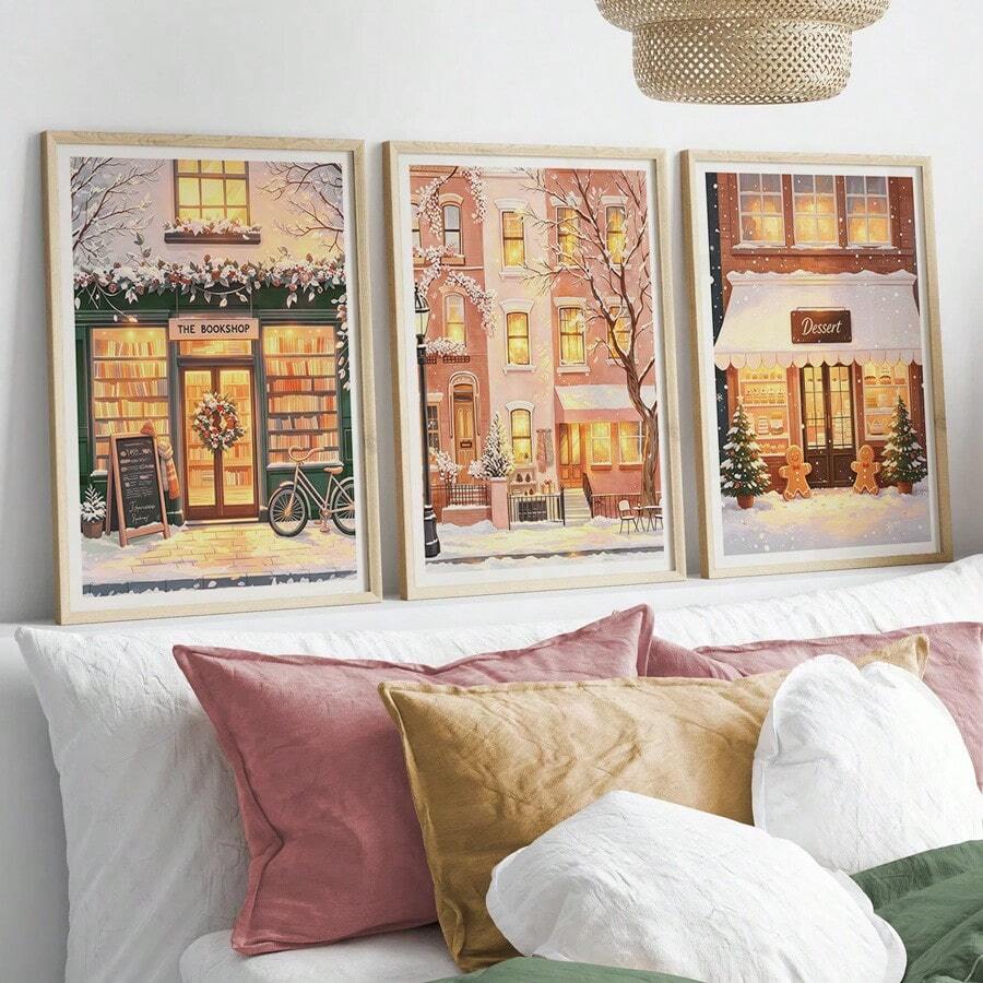 Three-piece cottagecore town canvas poster set with cozy storefront scenes