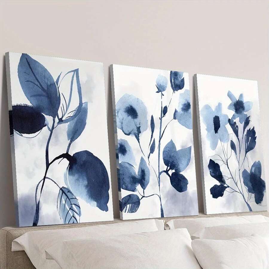 The 3pcs Watercolor Blue Leaves & Navy Botanical Flower Unframed Canvas Poster Set features elegant botanical artwork with delicate watercolor blue leaves and deep navy flowers. Soft brushwork, natural forms, and a refined blue color palette create a calm and sophisticated look, making this set an effortless addition to modern, minimalist, coastal, and Scandinavian-inspired interiors.