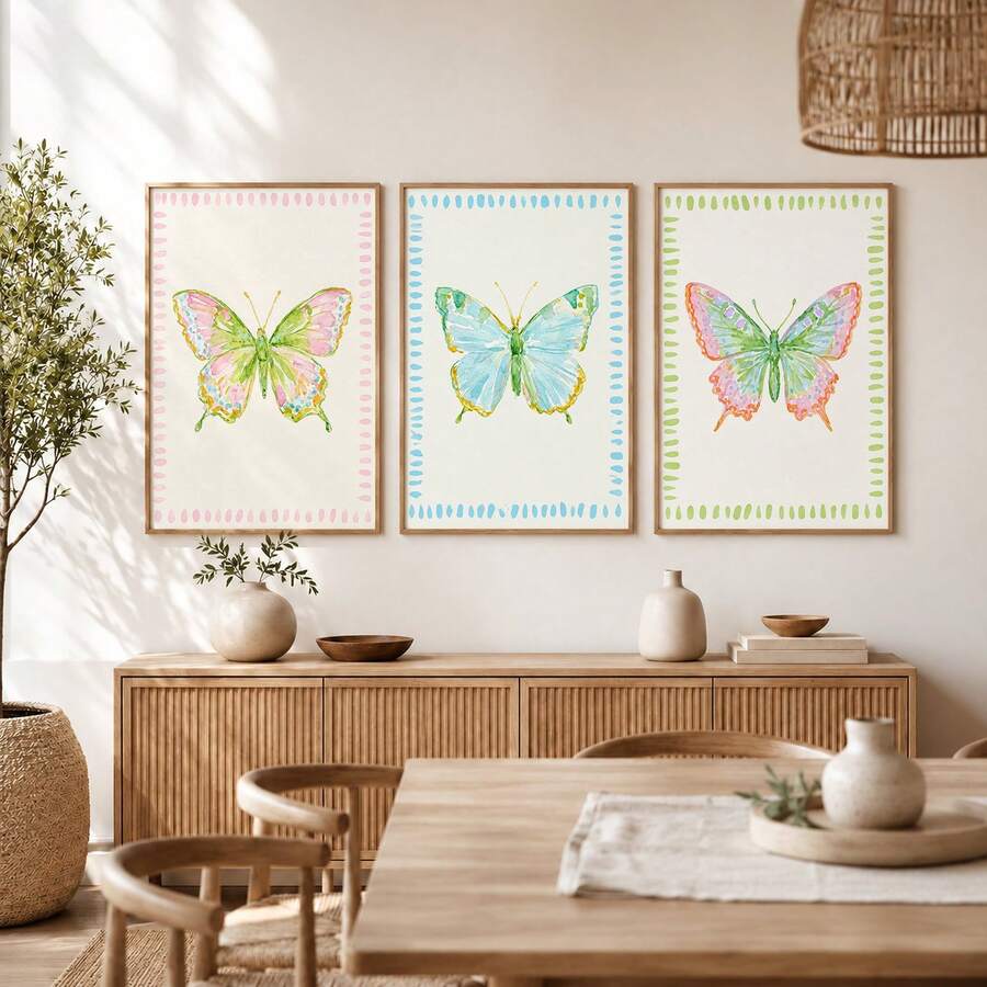3pcs Watercolor Butterfly Prints with Doodle Border Preppy Canvas Posters