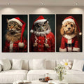 Three Santa portraits of a tabby cat, owl, and dog above a light sofa