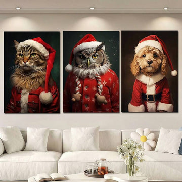Three Santa portraits of a tabby cat, owl, and dog above a light sofa
