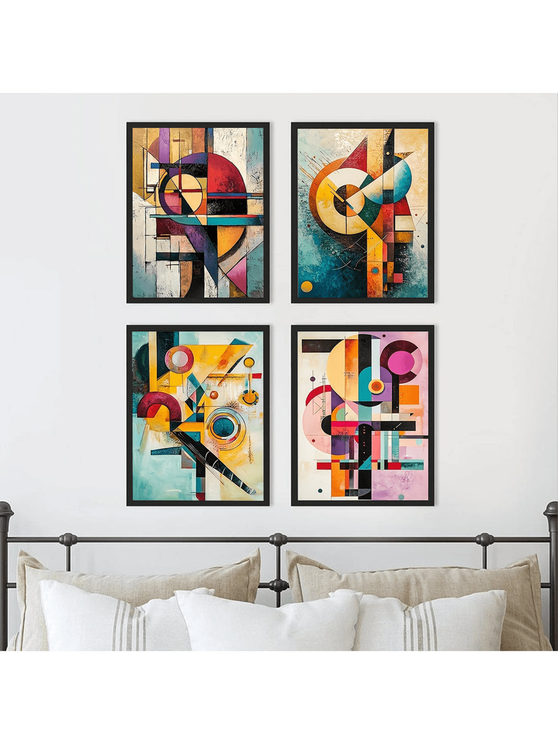 Elevate your living space with this 4-piece modern wall art set featuring abstract geometric canvas prints inspired by Kandinsky. Each piece showcases bold shapes and vibrant colors that bring a sophisticated, contemporary edge to any room. Perfect for art enthusiasts and interior designers alike, this set adds depth and visual interest while complementing a variety of decor styles. Ideal as a thoughtful gift or a striking focal point in your home, these canvases combine artistic heritage with modern aesthe