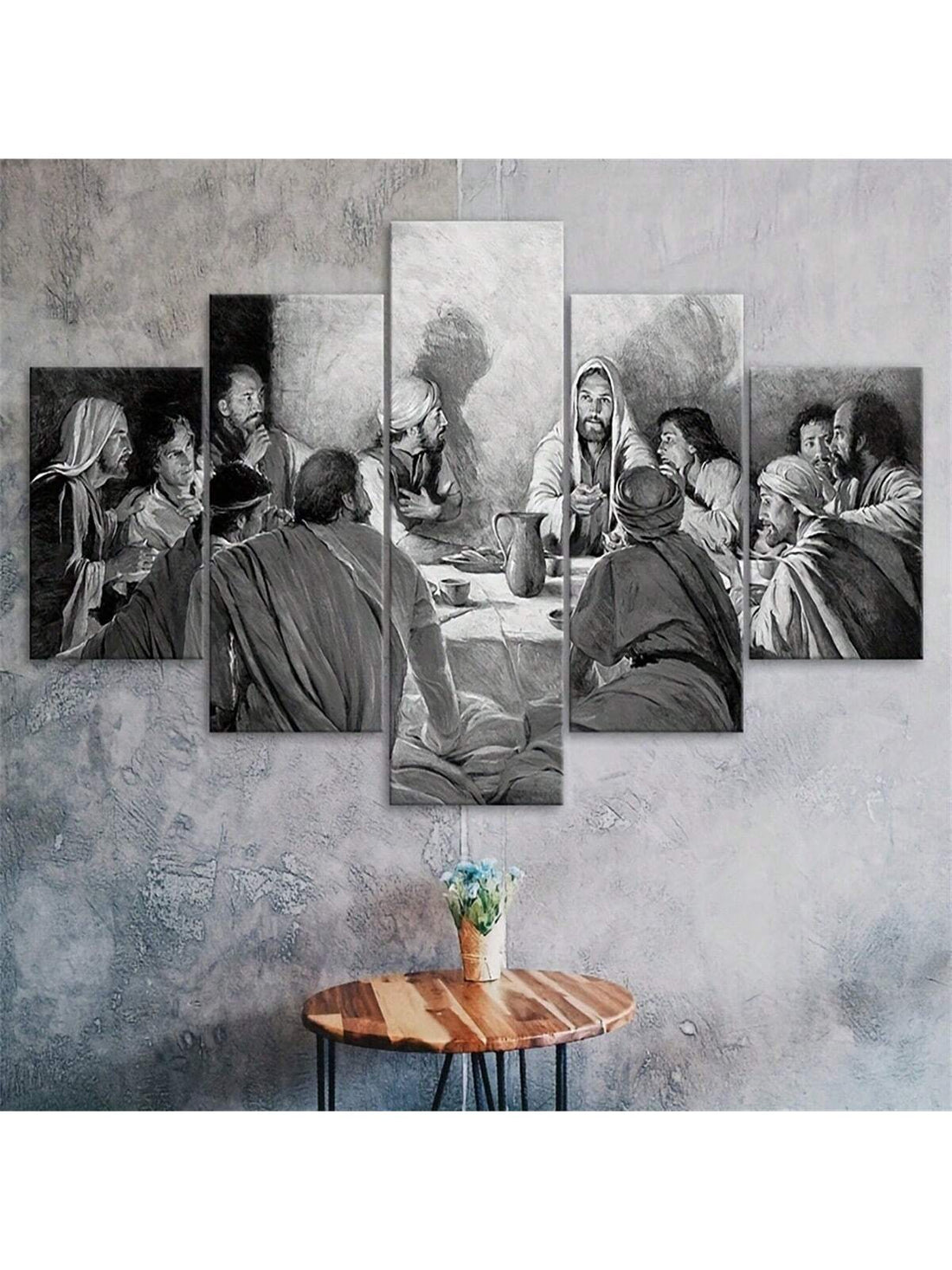 This 5-piece unframed canvas wall art set features a modern black and white depiction of The Last Supper of Jesus Christ. Designed to bring a contemporary yet reverent touch to your home, each panel combines minimalist style with profound religious significance. Ideal for creating a focal point in living rooms, dining areas, or prayer spaces, this set offers a sophisticated way to honor a timeless biblical moment. The unframed design allows for flexible display options to suit your personal decor preference