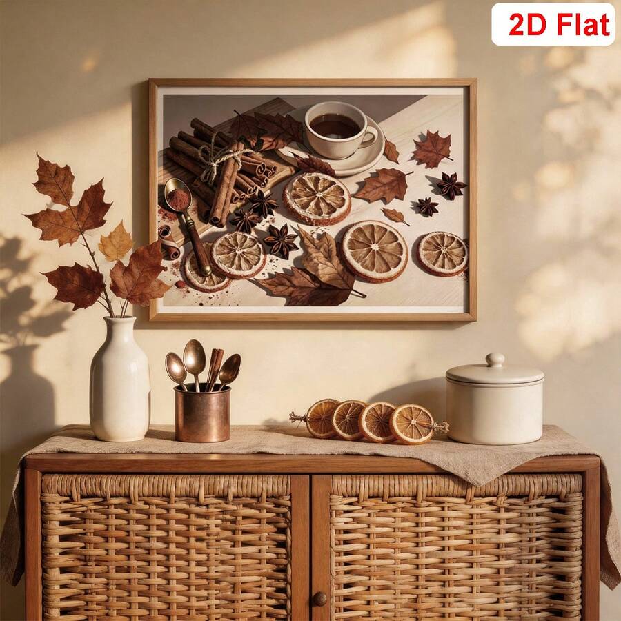 Framed coffee cup and cinnamon citrus artwork above a wooden console