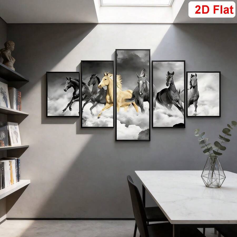The 5pcs Gold & Colorful Galloping Horses Elegant Animal Canvas Poster showcases a breathtaking display of majestic horses in motion, combining luxurious gold accents with vibrant artistic colors. Dynamic movement, elegant details, and bold composition create a captivating statement piece that symbolizes strength, freedom, success, and determination while enhancing both modern and classic interiors.