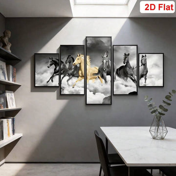 The 5pcs Gold & Colorful Galloping Horses Elegant Animal Canvas Poster showcases a breathtaking display of majestic horses in motion, combining luxurious gold accents with vibrant artistic colors. Dynamic movement, elegant details, and bold composition create a captivating statement piece that symbolizes strength, freedom, success, and determination while enhancing both modern and classic interiors.