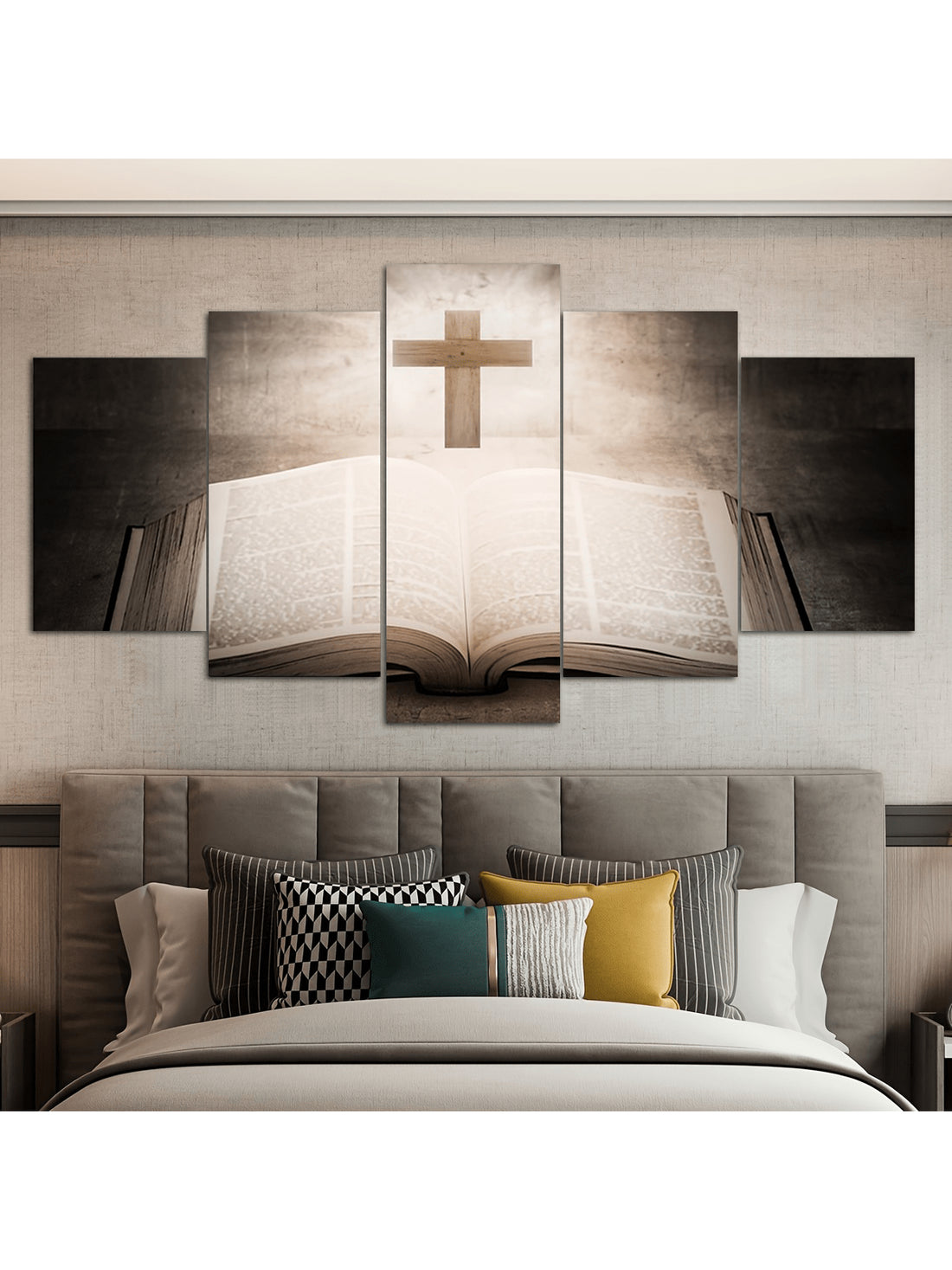 Enhance your living space with this 5-piece Modern Christian Canvas Wall Art Set, featuring elegant depictions of The Holy Bible alongside a beautifully crafted wooden cross. Designed to inspire faith and add a refined spiritual touch, this set combines contemporary style with meaningful symbolism, making it an ideal choice for sophisticated home decor. Each piece is carefully crafted to ensure lasting quality and visual impact, perfect for creating a serene and uplifting atmosphere in any room.