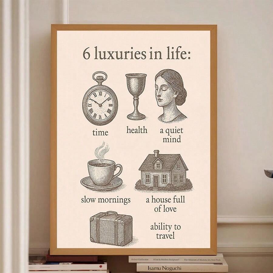 Framed Six Luxuries in Life vintage inspirational poster leaning on art books with engraved objects