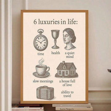 Framed Six Luxuries in Life vintage inspirational poster leaning on art books with engraved objects