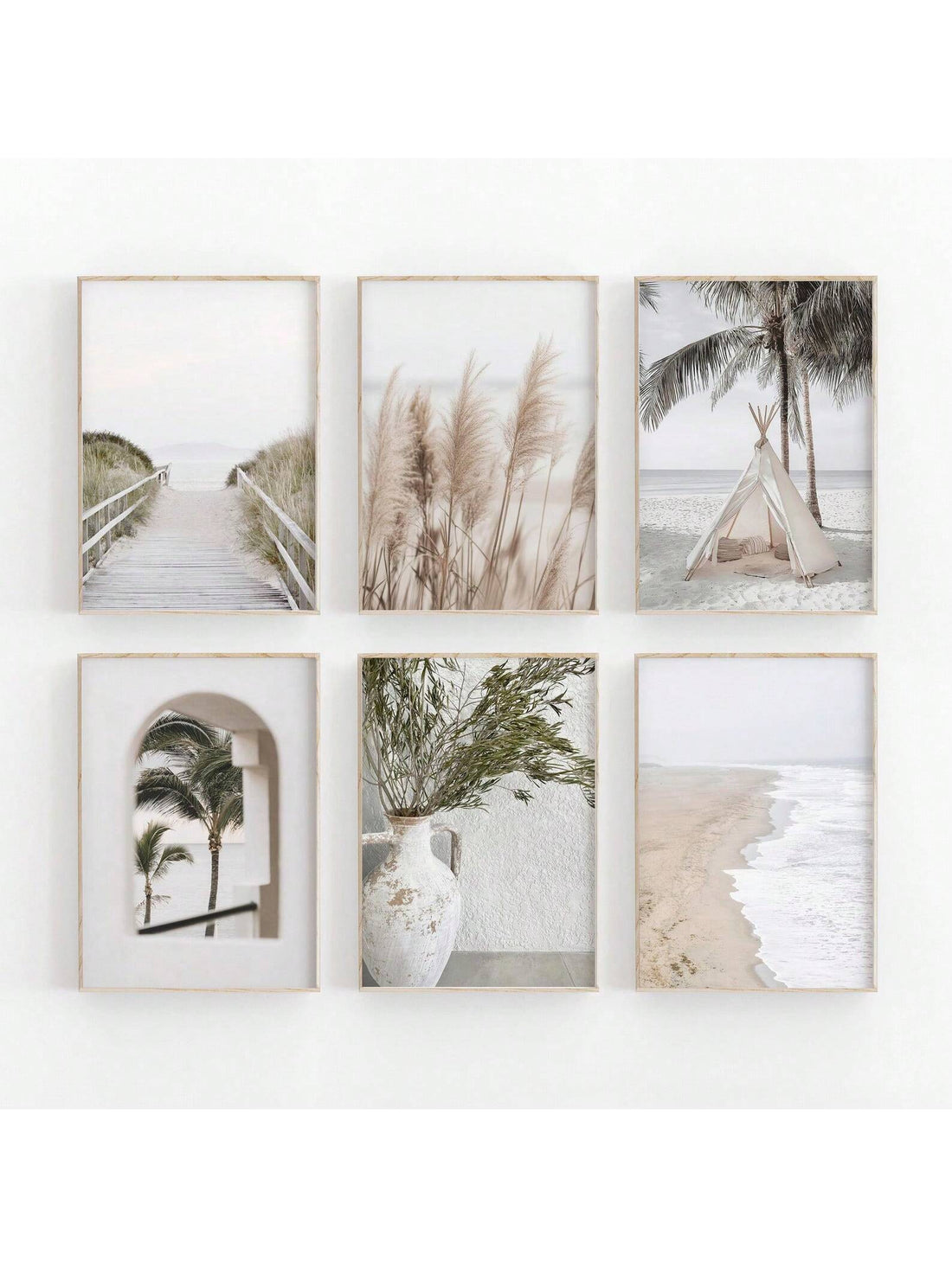 Experience the serenity of the beach with this 6 piece Boho Palm Trees Canvas Art Set. Featuring pastel prints, this set adds a touch of summer to your home decor. Perfect for creating a relaxed and inviting atmosphere. Elevate your space with this beautiful and unique art set.
