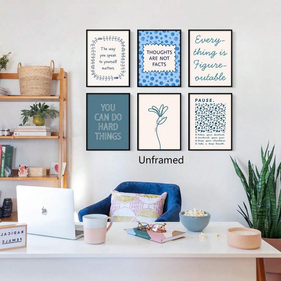 6pcs Motivational Canvas wall art set featuring positive mindset designs. Perfect for bedrooms, home offices, study spaces, dorms, and creative rooms.
