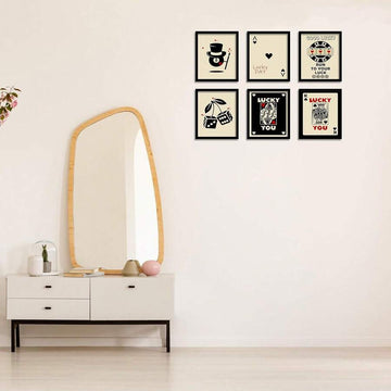 Six lucky playing card canvas prints with coffee dice hearts and typography