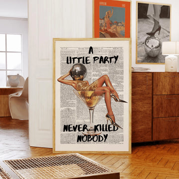 Framed retro disco martini girl canvas poster with gold figure and newspaper collage