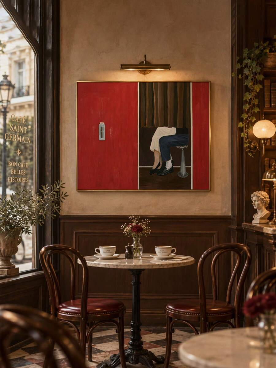Red-panel figurative poster framed on a cafe wall above a dining table