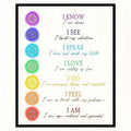 Seven watercolor chakra symbols with affirmations on a white poster, shown in a black frame