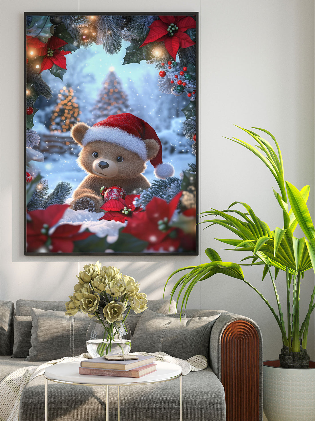 This adorable poster features a small bear wearing a festive Santa hat. Perfect for adding a touch of holiday cheer to any room. Made with high-quality materials for a lasting addition to your seasonal decor.