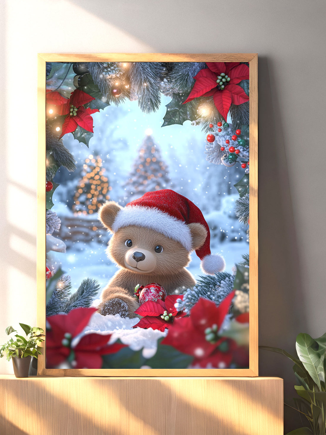 This adorable poster features a small bear wearing a festive Santa hat. Perfect for adding a touch of holiday cheer to any room. Made with high-quality materials for a lasting addition to your seasonal decor.