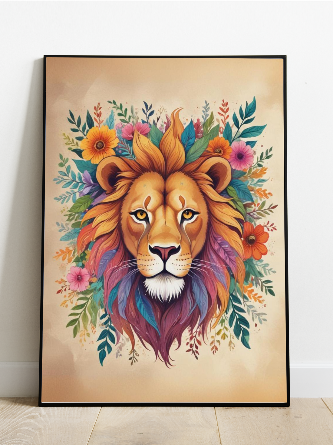 a majestic lion's head surrounded by a lush floral arrangement of leaves, flowers - Un Frame Canvas Poster