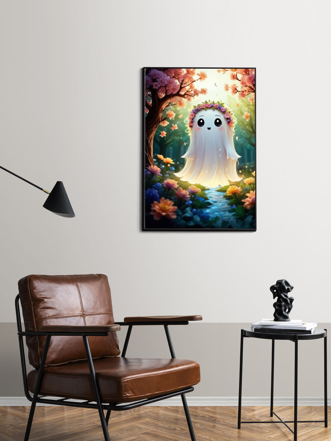 Featuring a cute ghost walking among flowers, this canvas poster adds a touch of whimsy to any room. Made from high-quality materials, it is durable and long-lasting. With its unique design, it is sure to be a conversation starter and a perfect addition to your home decor.